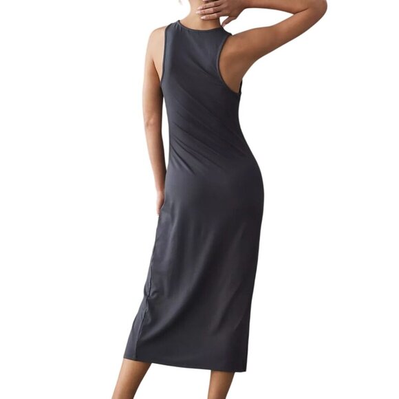 Anthropologie NWT Bordeaux High Neck Ruched Lounge Dress Midi Gray Size M - Picture 4 of 10